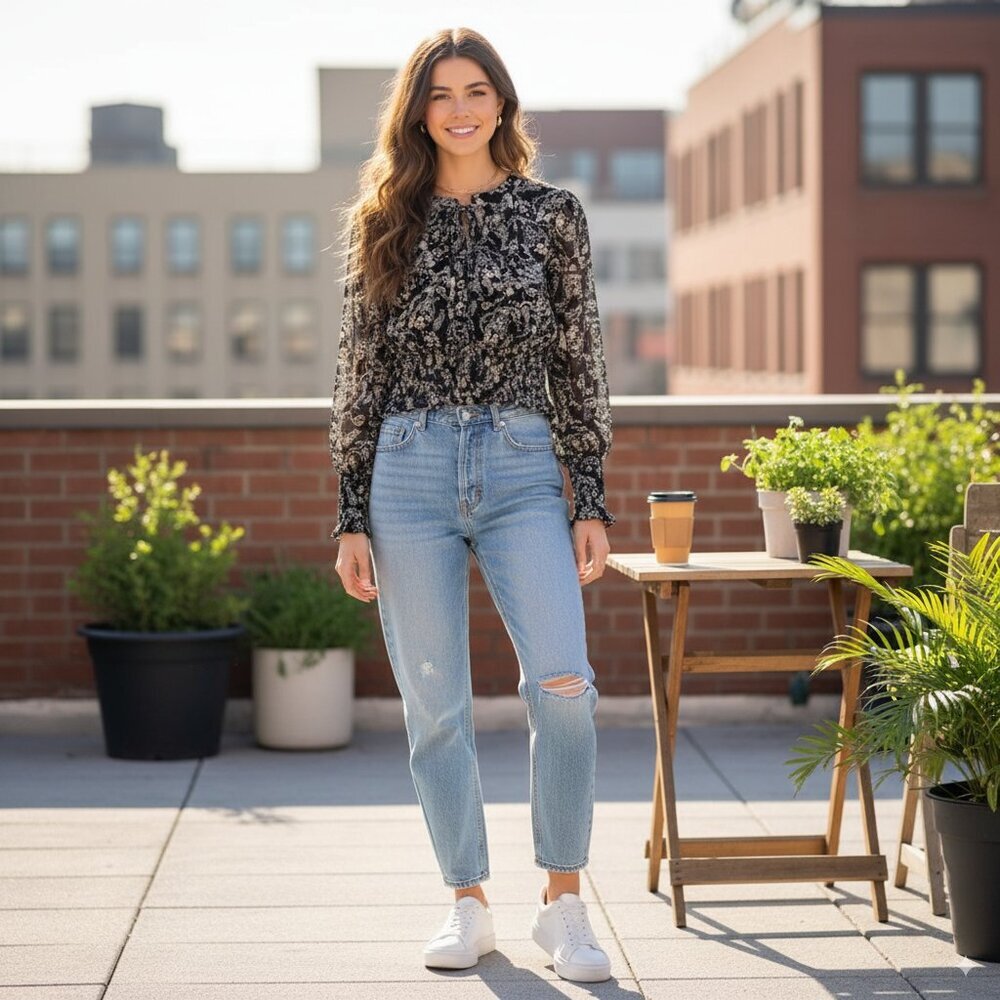 En Saison NWT Smocked Black Floral Top Size Small